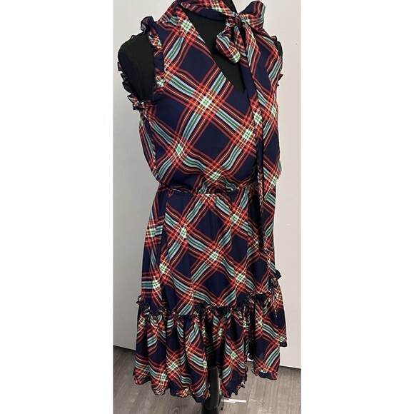 New York & Company Plaid Sleeveless Dress Sz XS Navy Red Green Ruffle Tiered - Picture 2 of 9